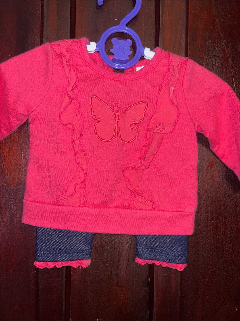 Vitamins Baby Bright Pink Butterfly Ruffle Sweatshirt with Denim-Look Leggings
